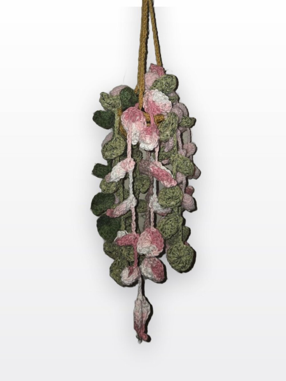 Handmade Crochet Hanging Plant Basket, Pink Leaves Trailing Vines, Boho Wall Dec